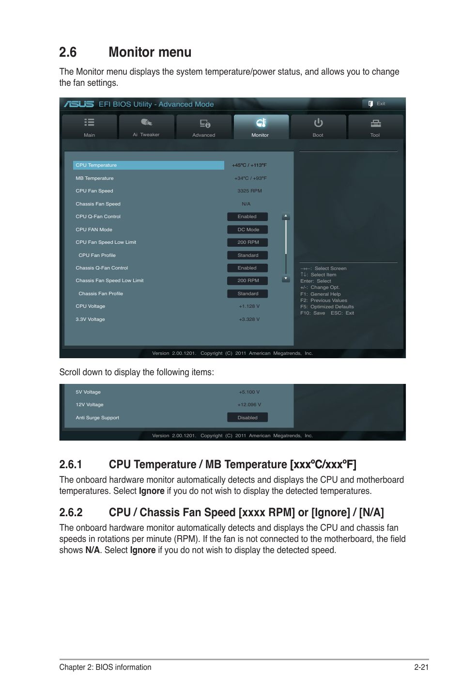 6 monitor menu, 1 cpu temperature / mb temperature [xxxºc/xxxºf, Monitor menu -21 2.6.1 | Cpu temperature / mb temperature [xxxºc/xxxºf] -21, Cpu / chassis fan speed -21, Chapter 2: bios information 2-21 | Asus E45M1-M PRO User Manual | Page 53 / 62