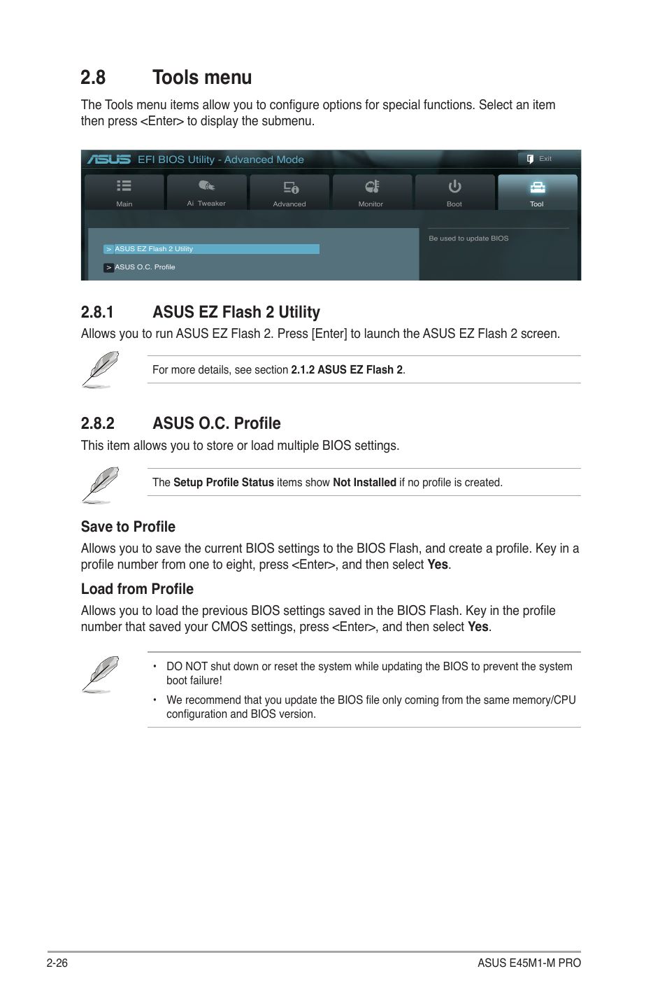 8 tools menu, 1 asus ez flash 2 utility, 2 asus o.c. profile | Tools menu -26 2.8.1, Asus ez flash 2 utility -26, Asus o.c. profile -26, Save to profile, Load from profile | Asus E45M1-M PRO User Manual | Page 58 / 62