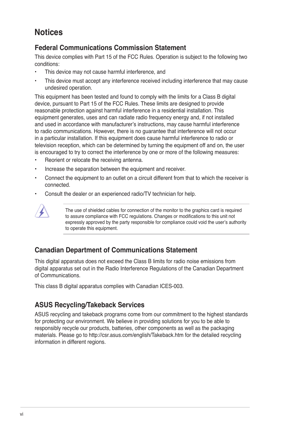 Notices, Federal communications commission statement, Canadian department of communications statement | Asus recycling/takeback services | Asus E45M1-M PRO User Manual | Page 6 / 62