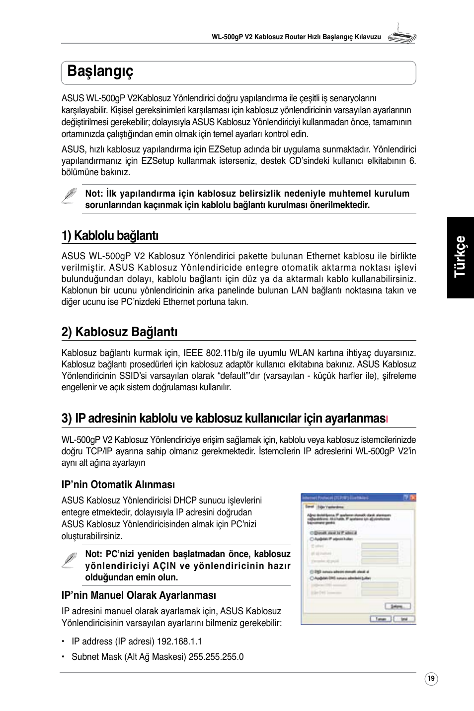 Başlangıç, Türkçe, 1) kablolu bağlantı | 2) kablosuz bağlantı | Asus WL-500gP V2 User Manual | Page 20 / 65