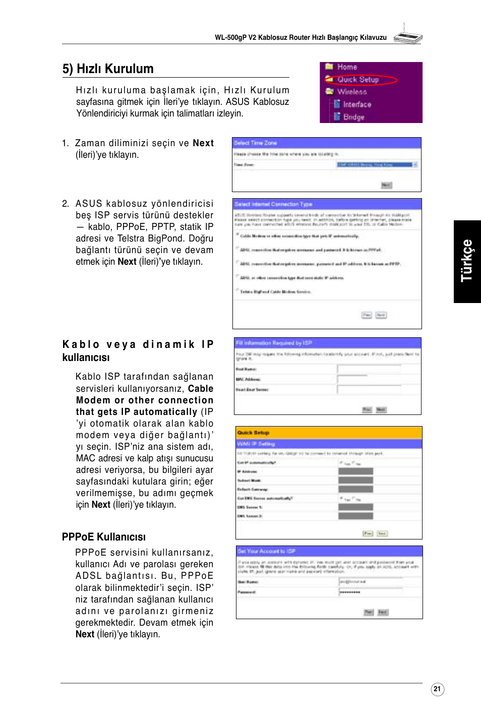 Türkçe, 5) hızlı kurulum | Asus WL-500gP V2 User Manual | Page 22 / 65