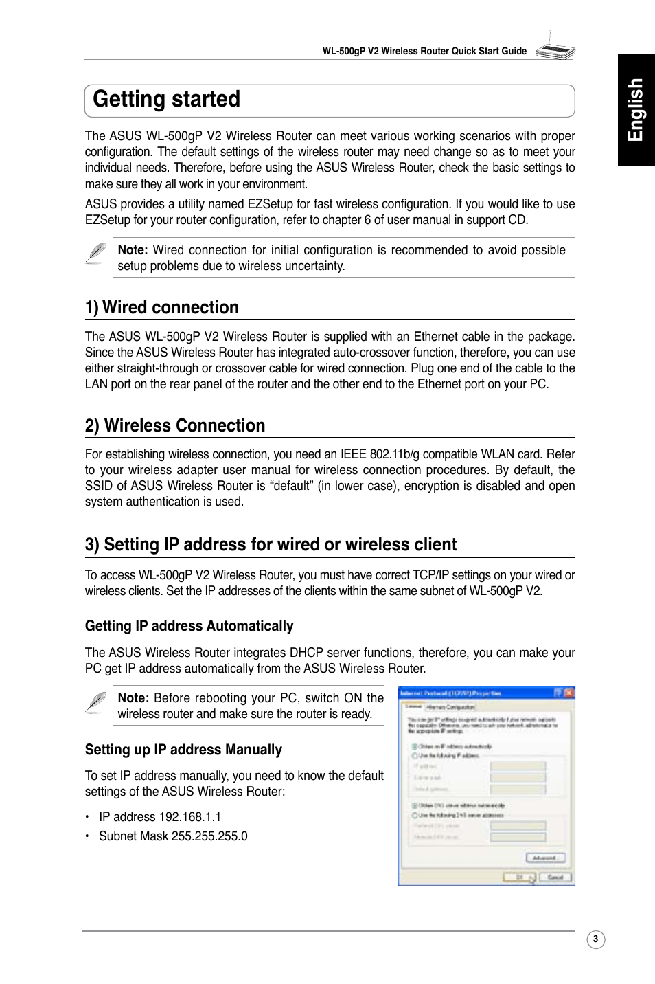 Getting started, English, 1) wired connection | 2) wireless connection, Setting ip address for wired or wireless client | Asus WL-500gP V2 User Manual | Page 4 / 65