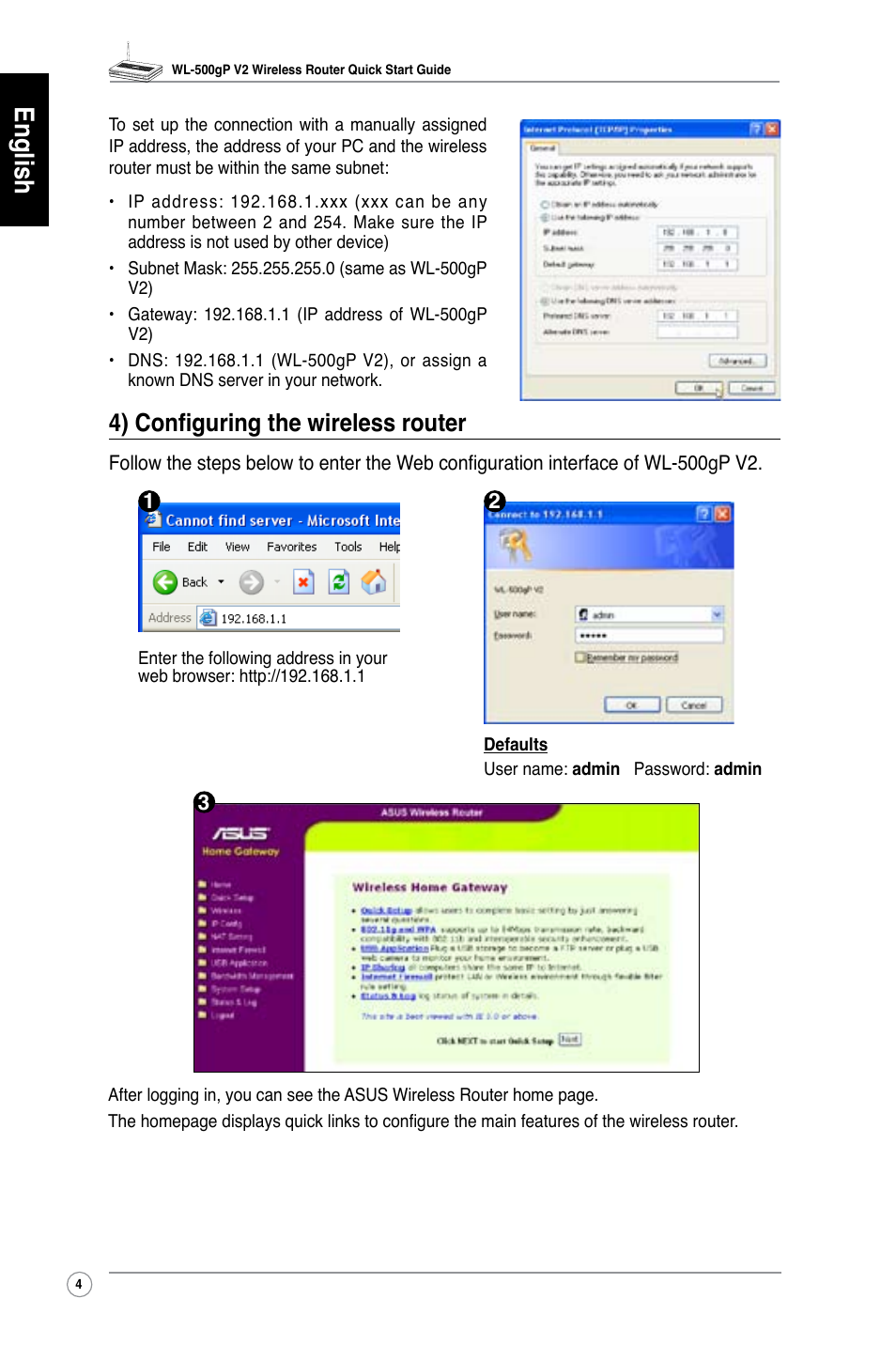 English, 4) configuring the wireless router | Asus WL-500gP V2 User Manual | Page 5 / 65