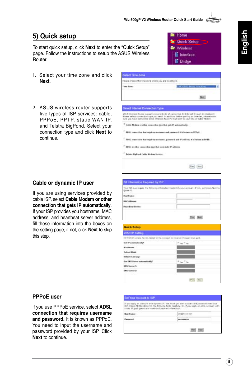 English, 5) quick setup | Asus WL-500gP V2 User Manual | Page 6 / 65