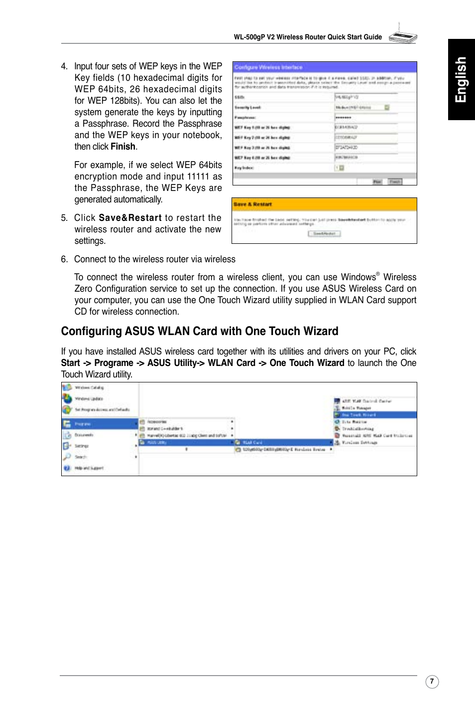 English, Configuring asus wlan card with one touch wizard | Asus WL-500gP V2 User Manual | Page 8 / 65