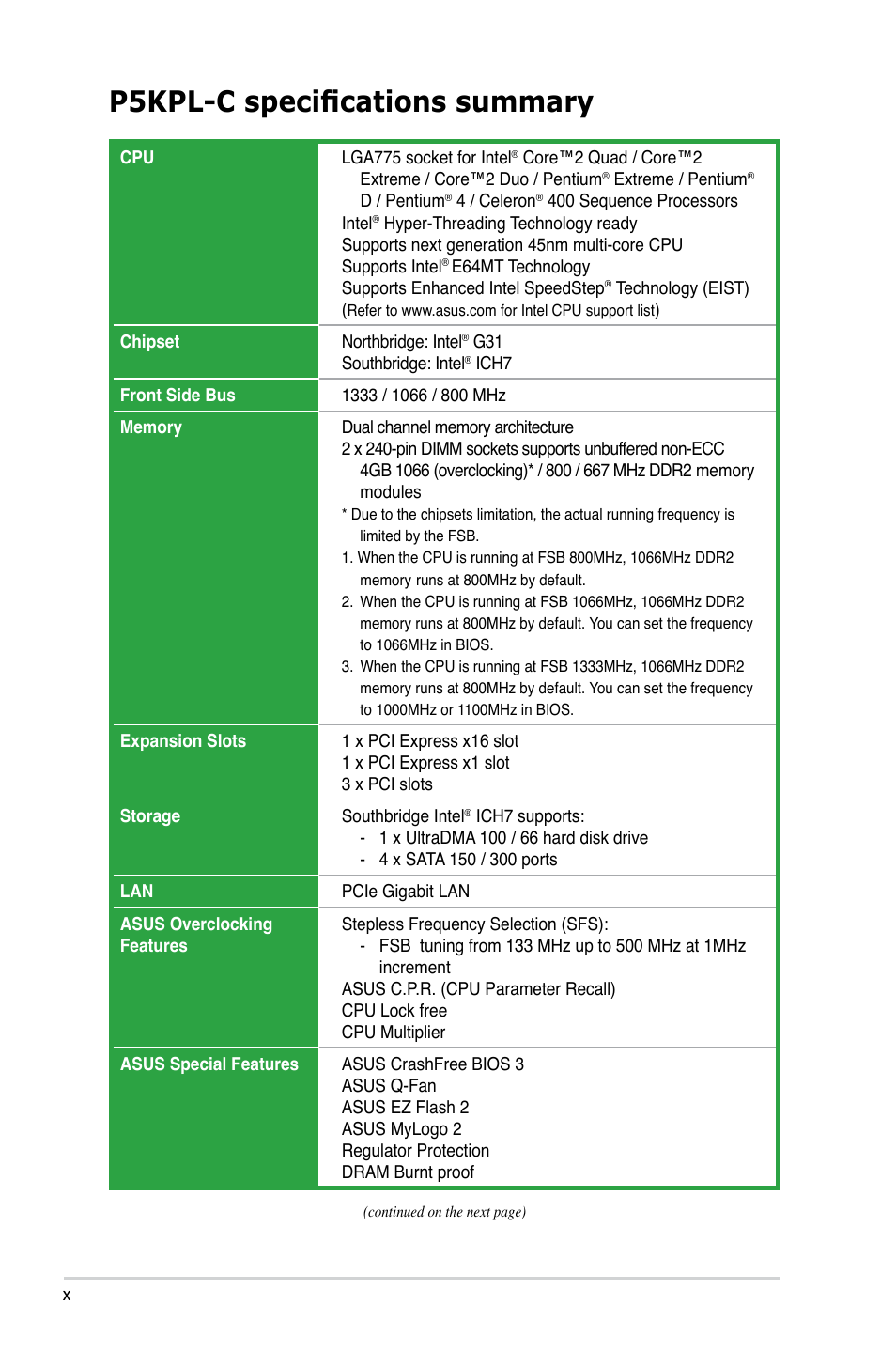 P5kpl-c specifications summary | Asus P5KPL-C User Manual | Page 10 / 96