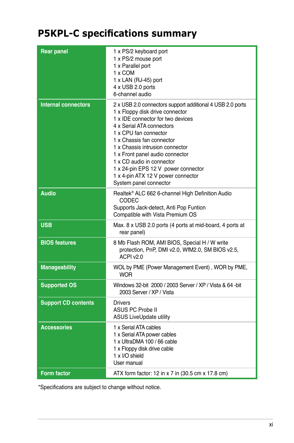 P5kpl-c specifications summary | Asus P5KPL-C User Manual | Page 11 / 96