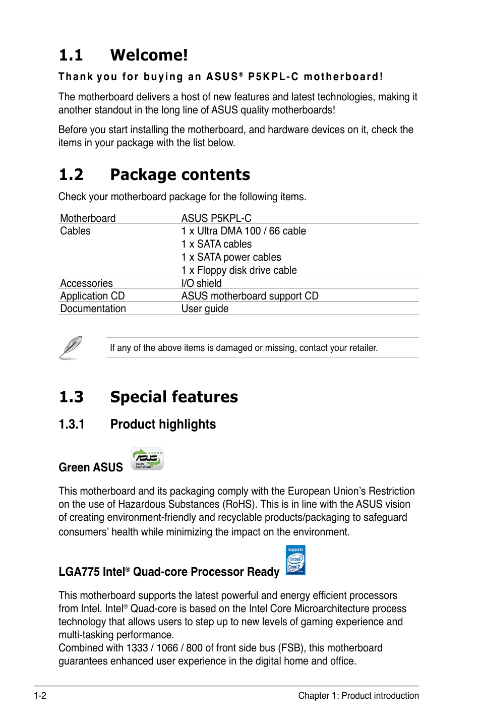 1 welcome, 2 package contents, 3 special features | 1 product highlights | Asus P5KPL-C User Manual | Page 14 / 96