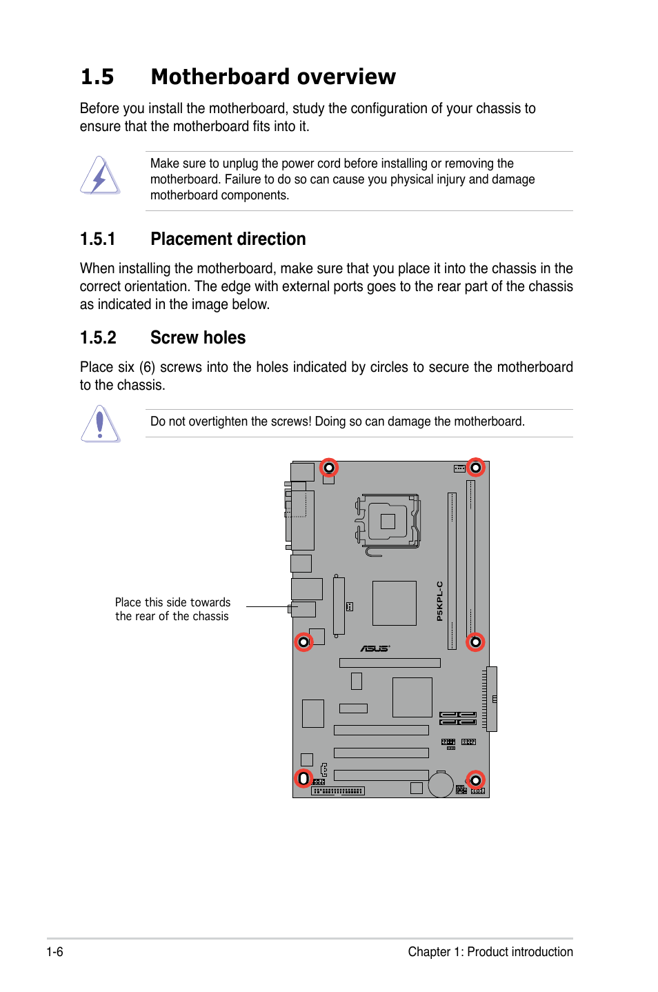 5 motherboard overview, 1 placement direction, 2 screw holes | Asus P5KPL-C User Manual | Page 18 / 96