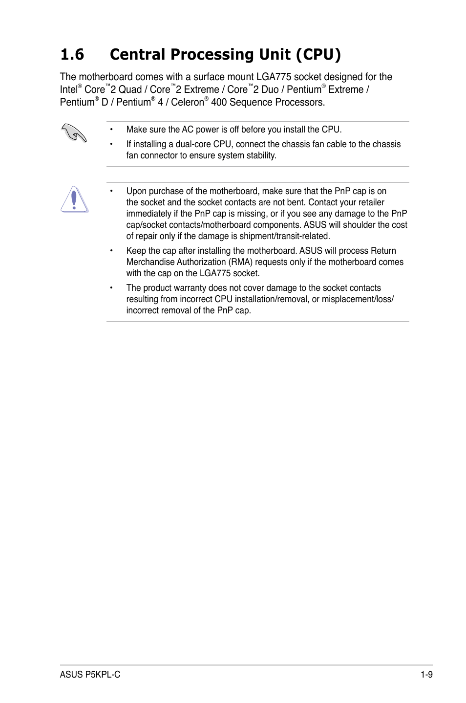 6 central processing unit (cpu) | Asus P5KPL-C User Manual | Page 21 / 96