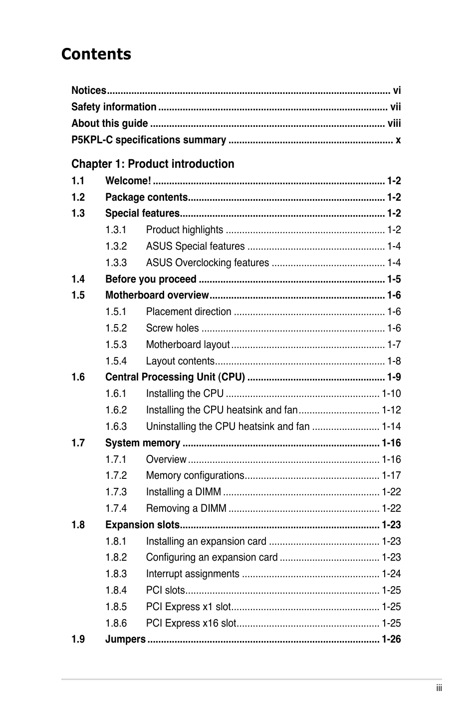 Asus P5KPL-C User Manual | Page 3 / 96