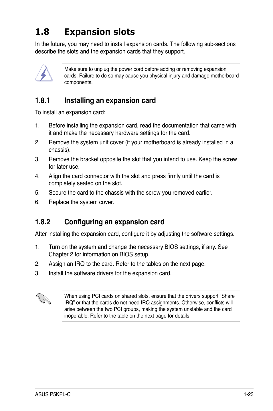 8 expansion slots, 1 installing an expansion card, 2 configuring an expansion card | Asus P5KPL-C User Manual | Page 35 / 96