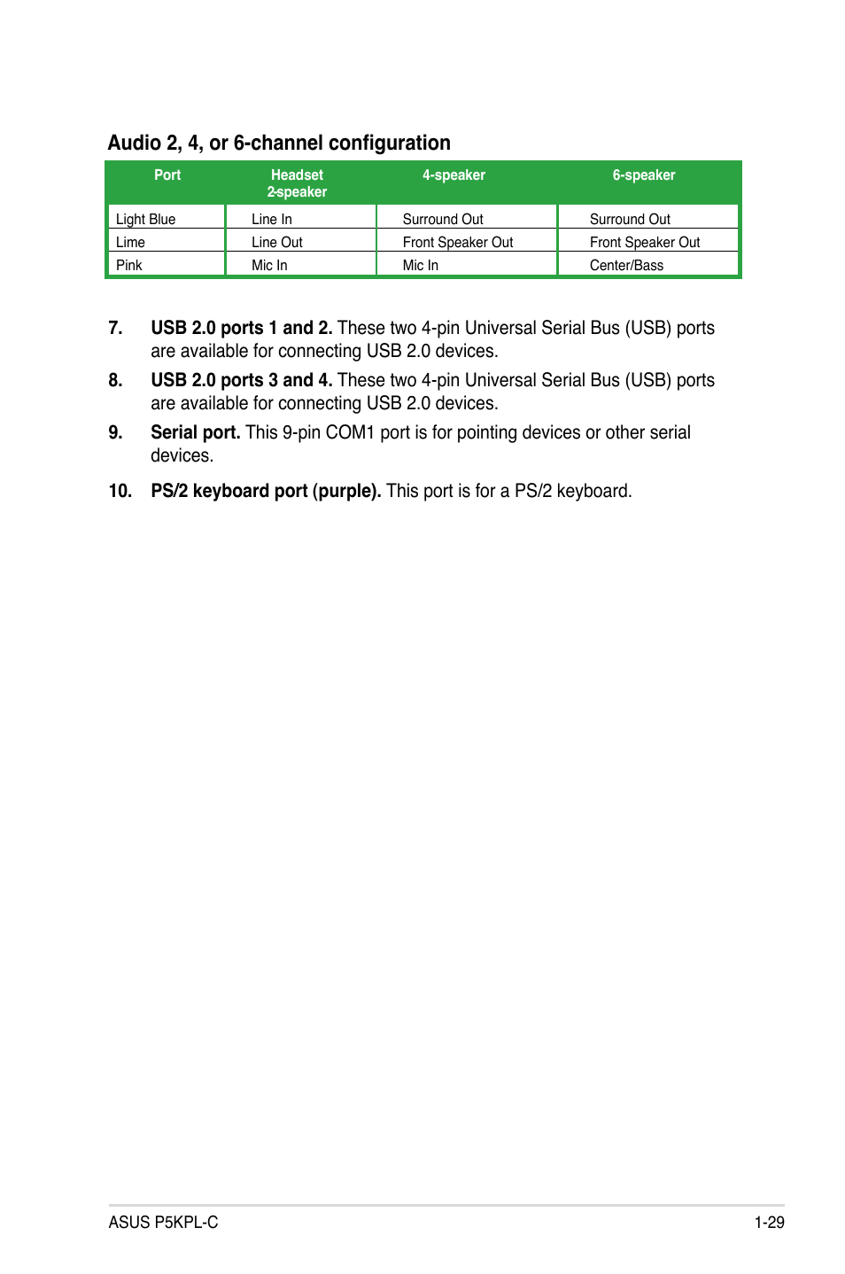 Audio 2, 4, or 6-channel configuration | Asus P5KPL-C User Manual | Page 41 / 96