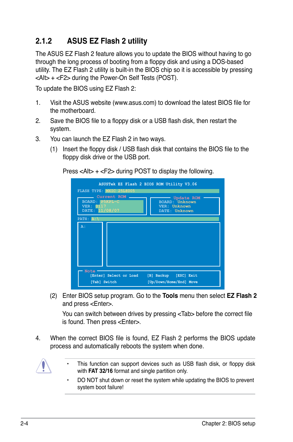 2 asus ez flash 2 utility | Asus P5KPL-C User Manual | Page 54 / 96