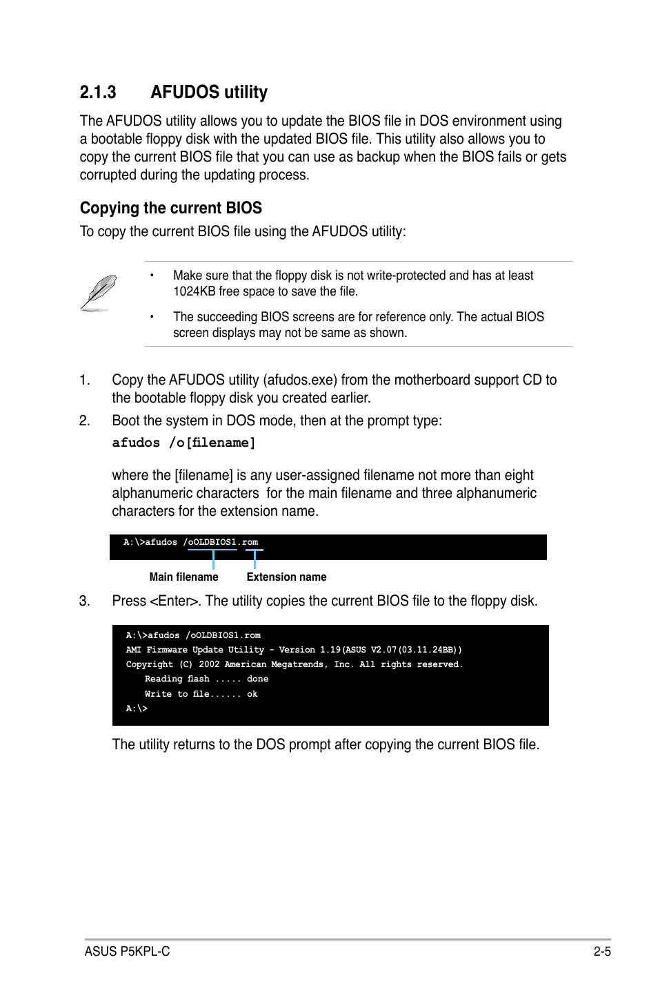 3 afudos utility, Copying the current bios | Asus P5KPL-C User Manual | Page 55 / 96