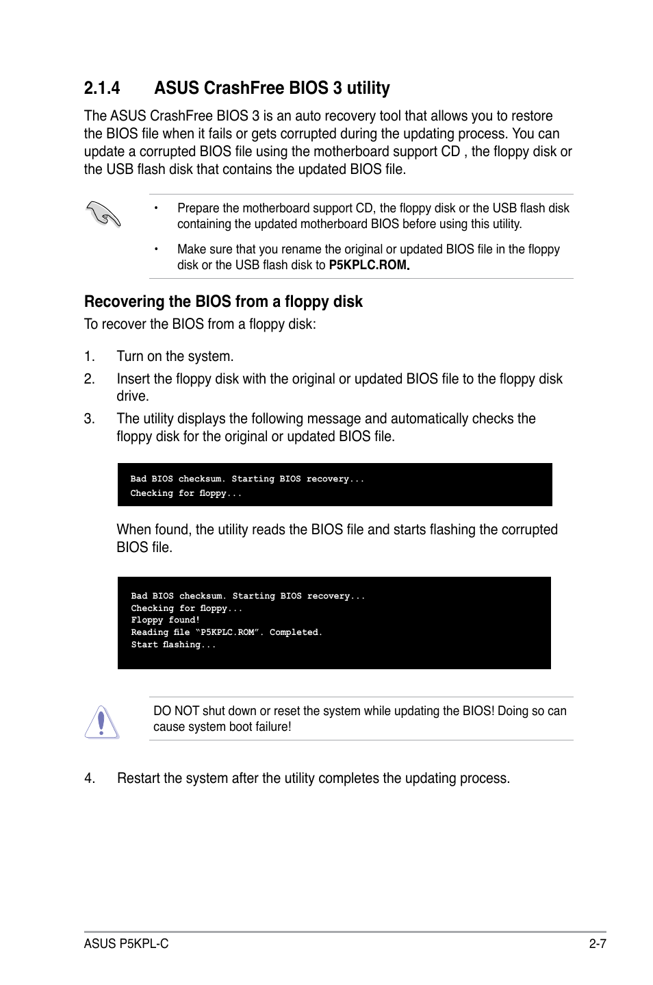 4 asus crashfree bios 3 utility, Recovering the bios from a floppy disk | Asus P5KPL-C User Manual | Page 57 / 96