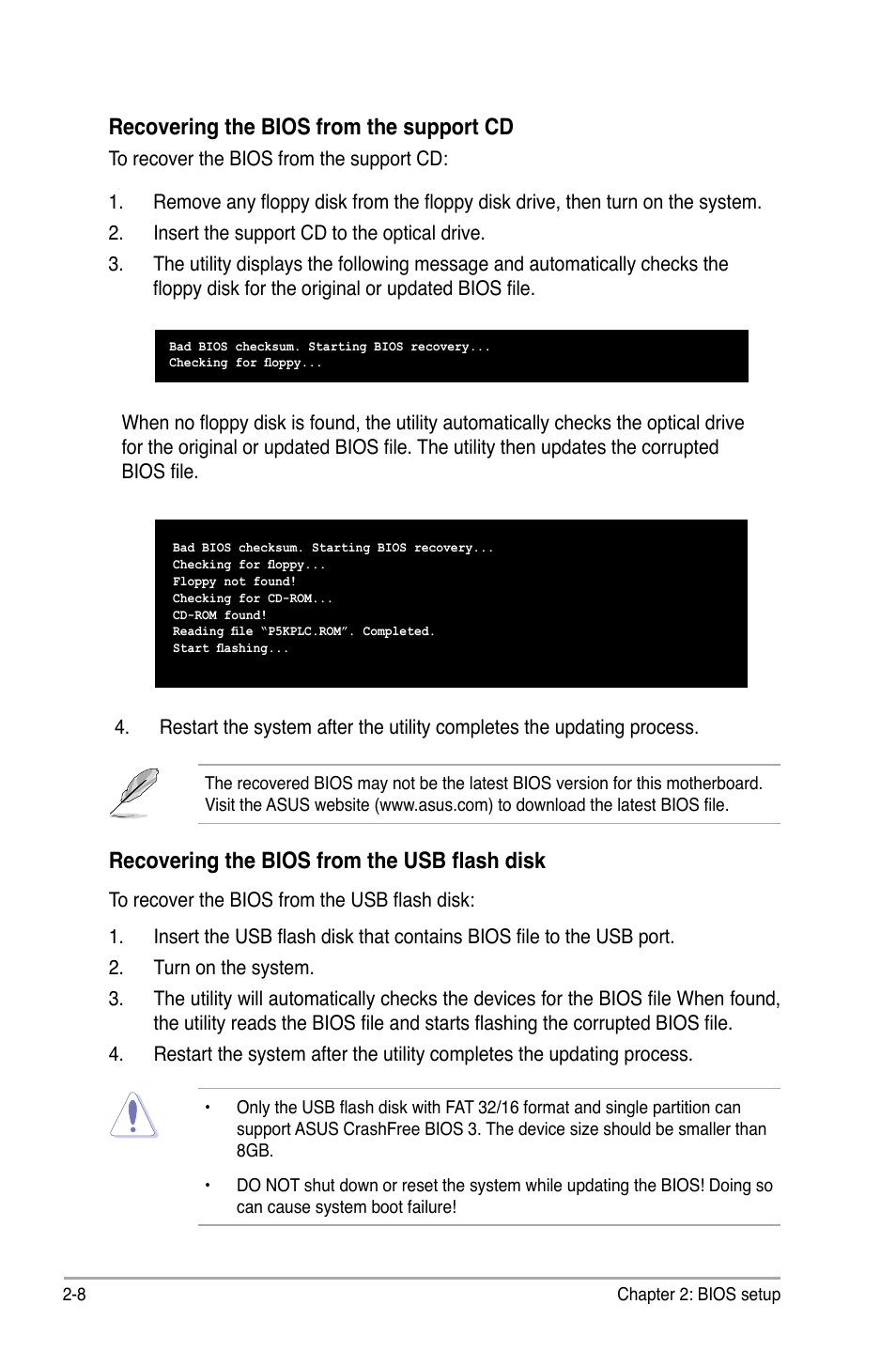 Recovering the bios from the support cd, Recovering the bios from the usb flash disk | Asus P5KPL-C User Manual | Page 58 / 96