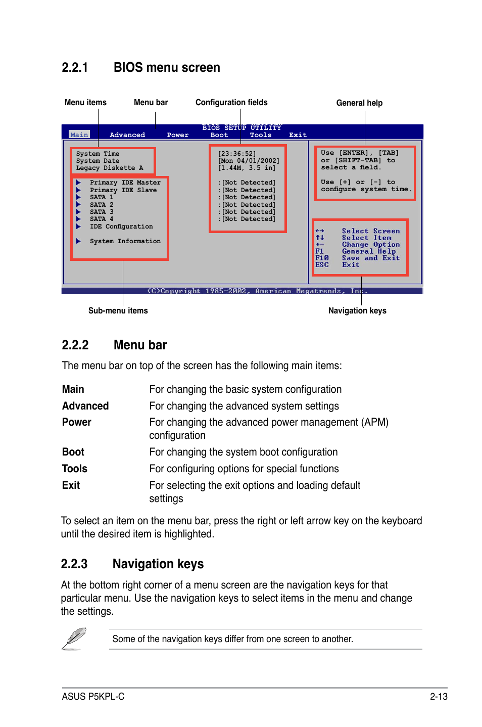 2 menu bar, 1 bios menu screen, 3 navigation keys | Asus P5KPL-C User Manual | Page 63 / 96