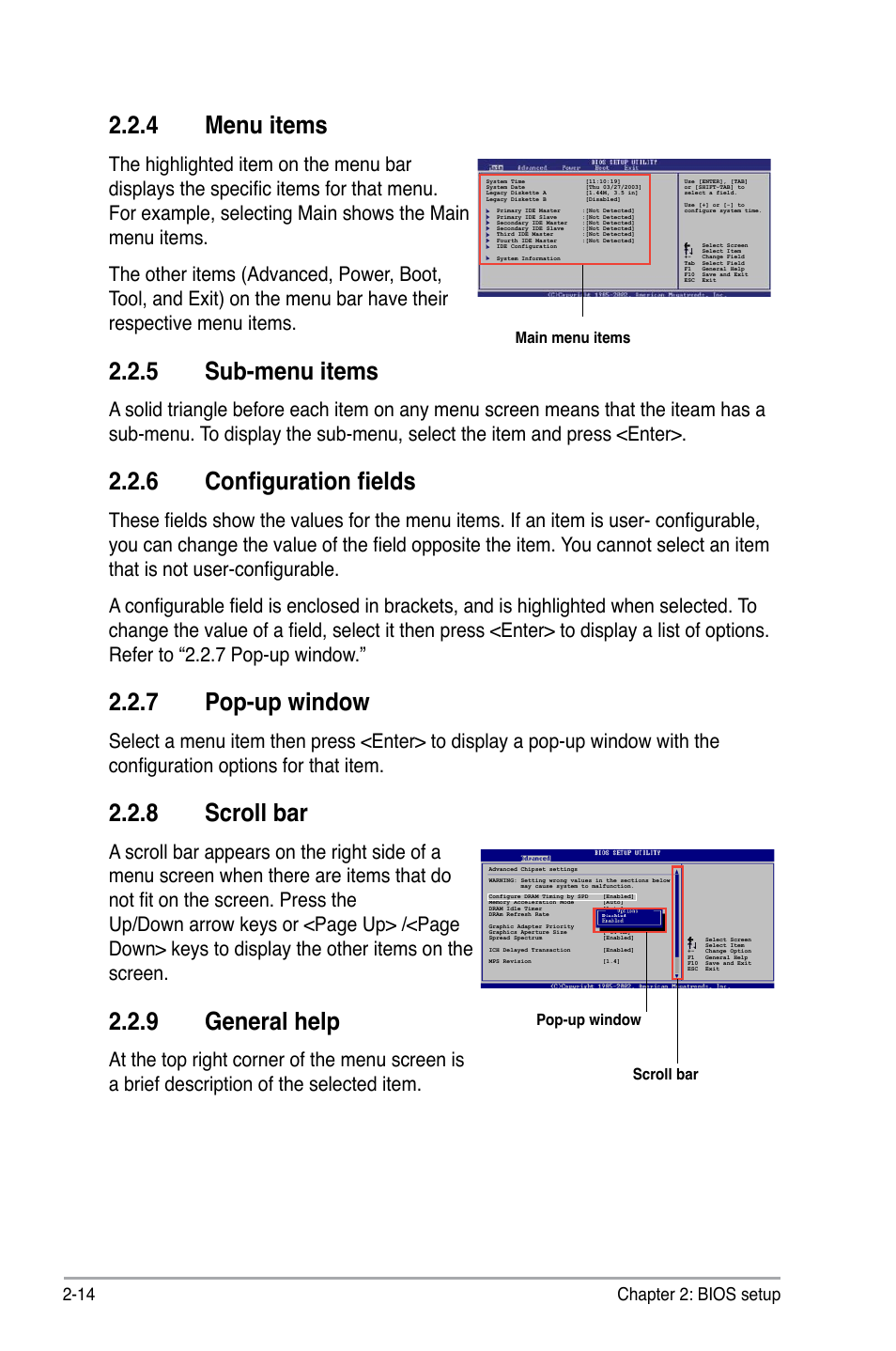 4 menu items, 5 sub-menu items, 6 configuration fields | 7 pop-up window, 8 scroll bar, 9 general help, 14 chapter 2: bios setup | Asus P5KPL-C User Manual | Page 64 / 96