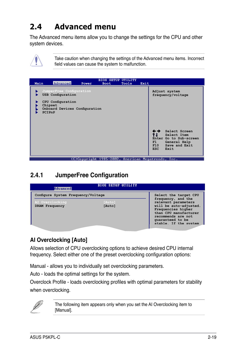 4 advanced menu, 1 jumperfree configuration, Ai overclocking [auto | Asus P5KPL-C User Manual | Page 69 / 96