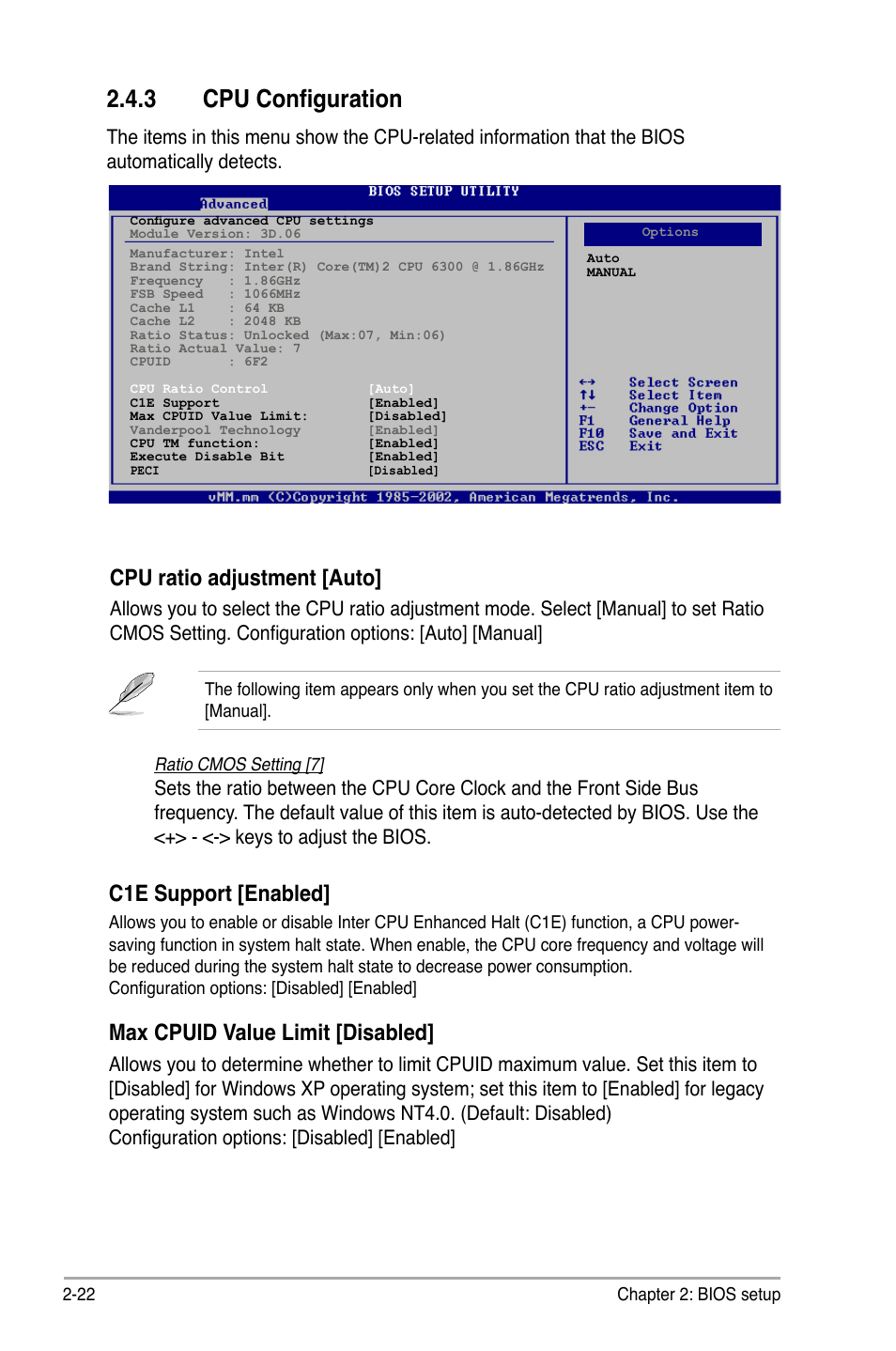 3 cpu configuration, Cpu ratio adjustment [auto, C1e support [enabled | Max cpuid value limit [disabled | Asus P5KPL-C User Manual | Page 72 / 96