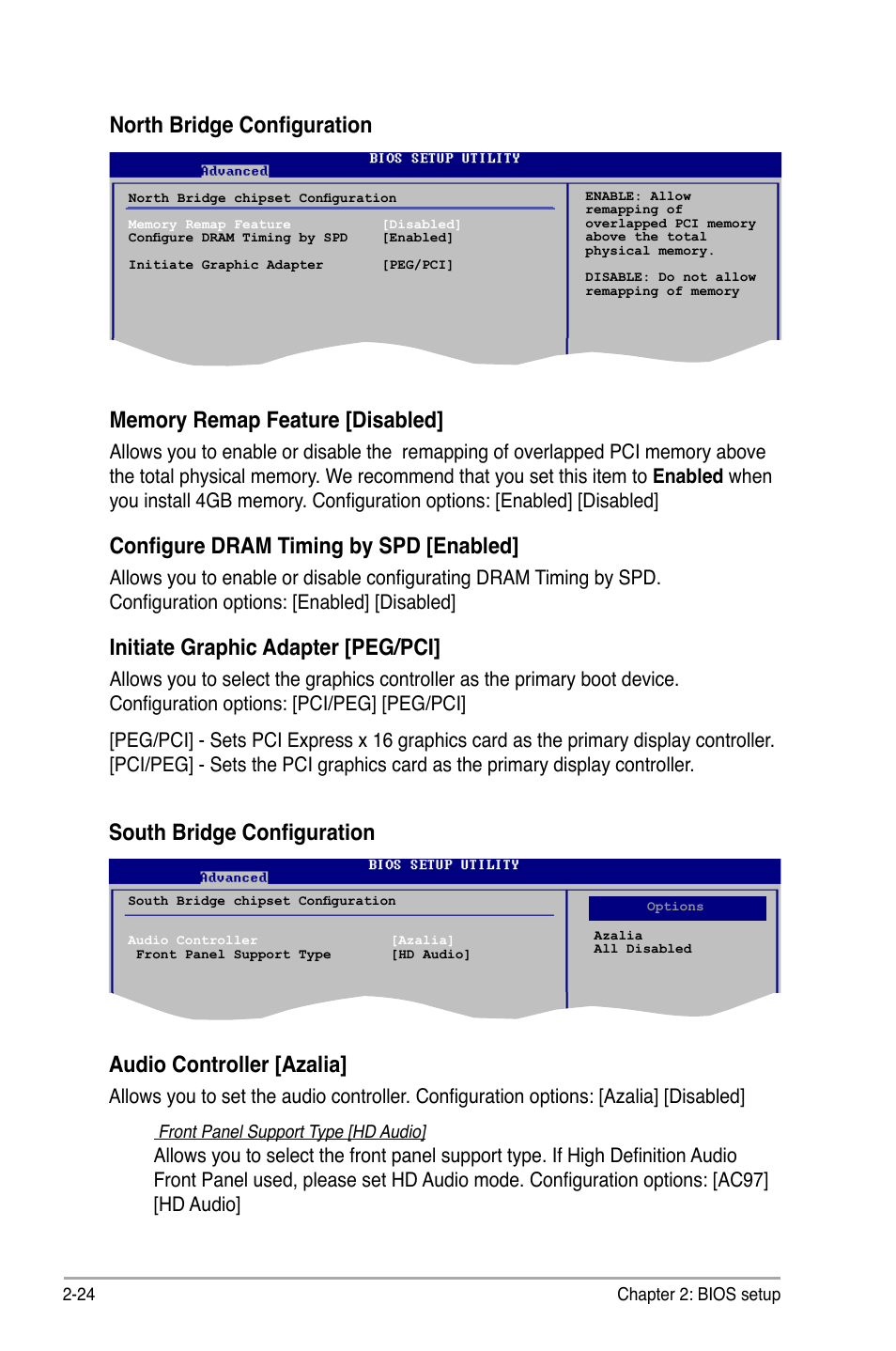 Configure dram timing by spd [enabled, Initiate graphic adapter [peg/pci, South bridge configuration | Audio controller [azalia | Asus P5KPL-C User Manual | Page 74 / 96