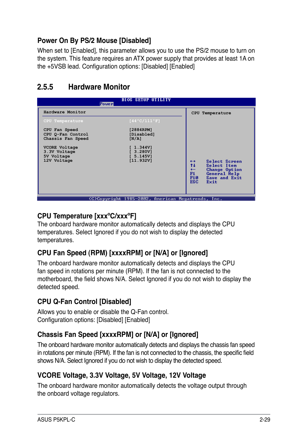 5 hardware monitor, Power on by ps/2 mouse [disabled, Cpu temperature [xxxºc/xxxºf | Cpu q-fan control [disabled | Asus P5KPL-C User Manual | Page 79 / 96