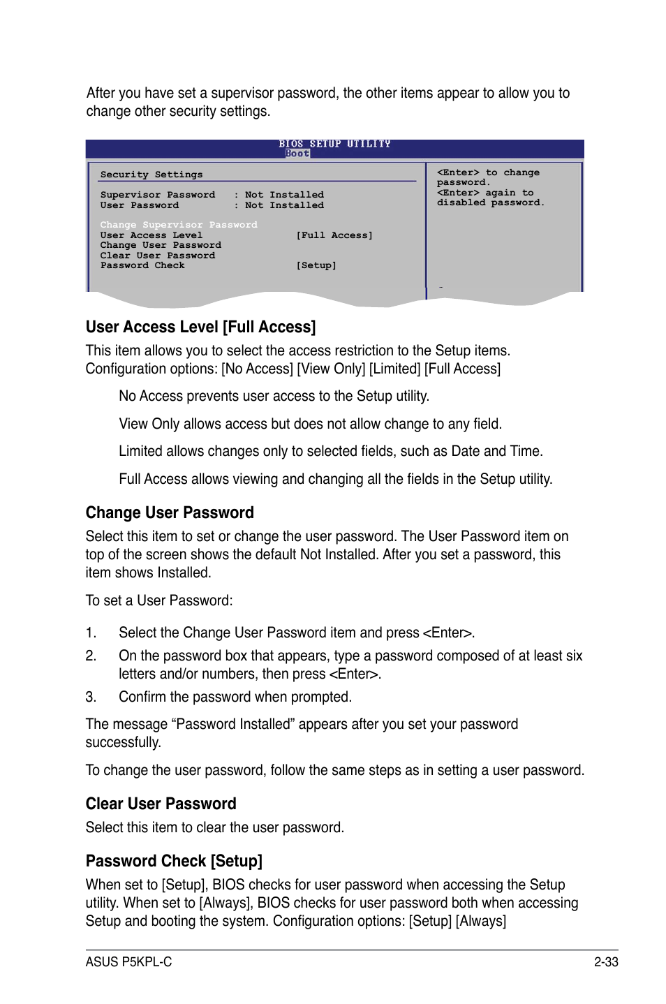 User access level [full access, Change user password, Clear user password | Password check [setup | Asus P5KPL-C User Manual | Page 83 / 96