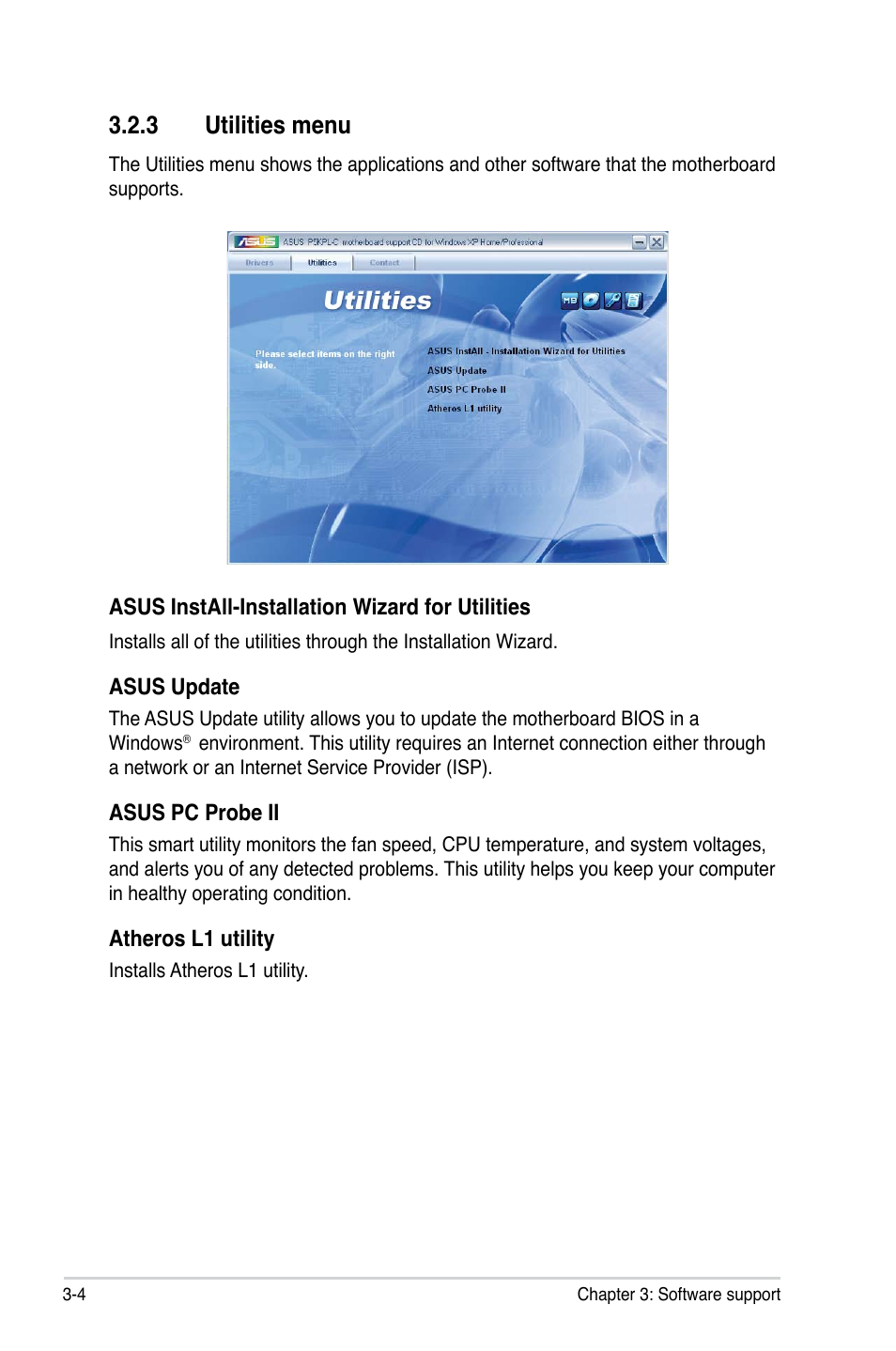 3 utilities menu | Asus P5KPL-C User Manual | Page 90 / 96