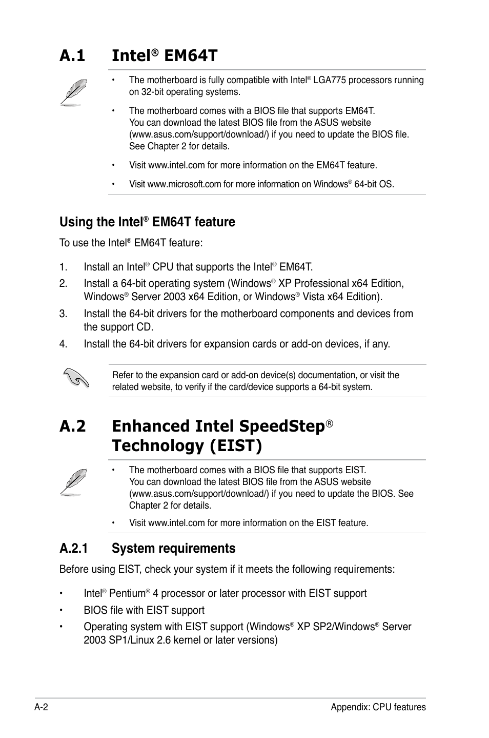 A.1 intel, Em64t, A.2 enhanced intel speedstep | Technology (eist), Using the intel, Em64t feature, A.2.1 system requirements | Asus P5KPL-C User Manual | Page 94 / 96
