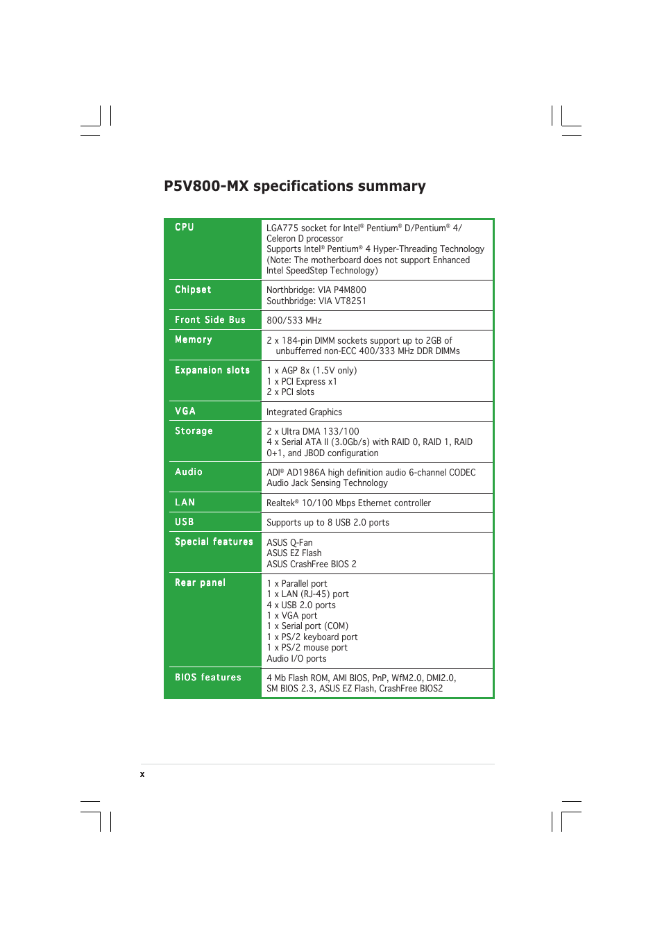 P5v800-mx specifications summary | Asus P5V800-MX User Manual | Page 10 / 90