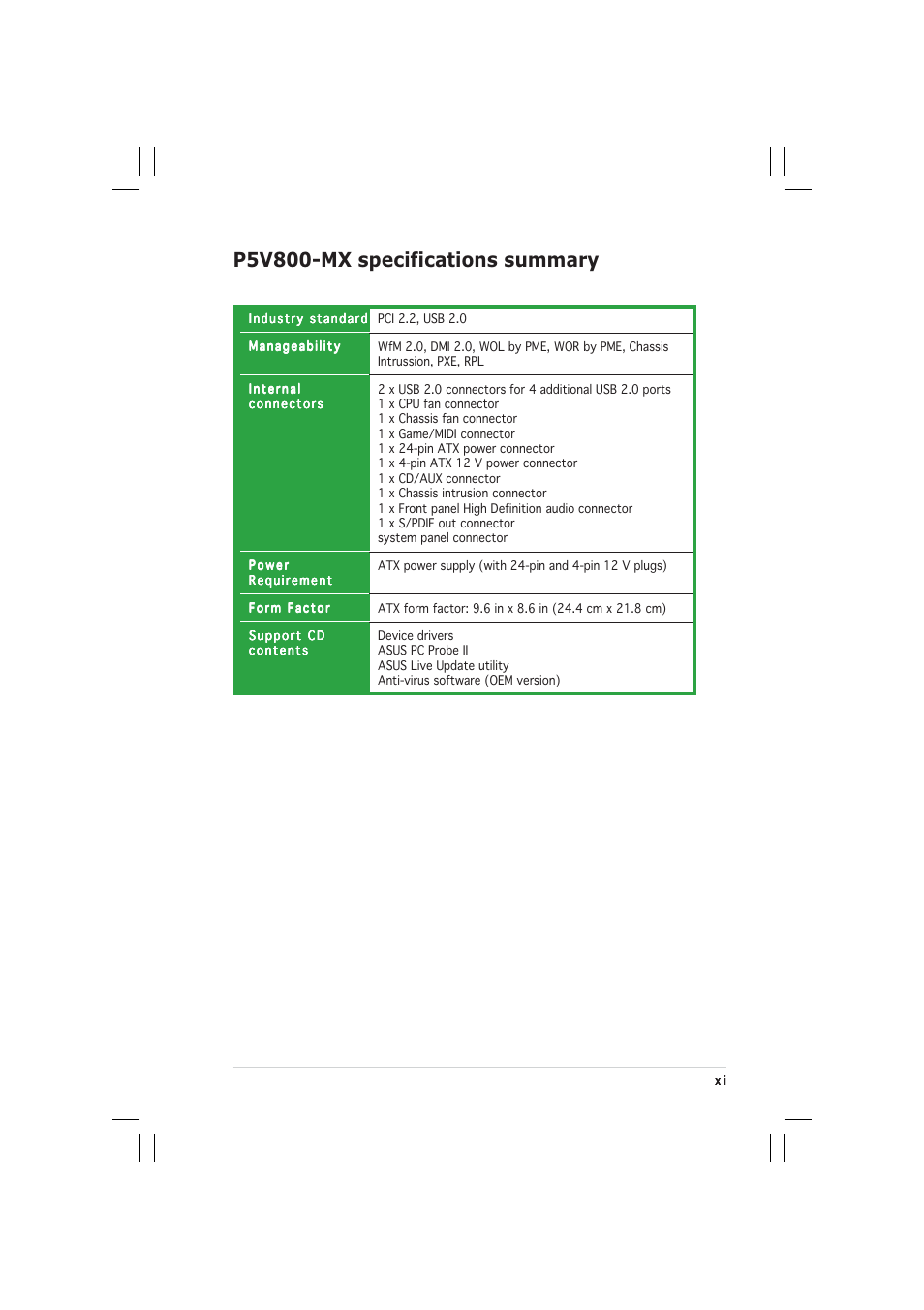 P5v800-mx specifications summary | Asus P5V800-MX User Manual | Page 11 / 90