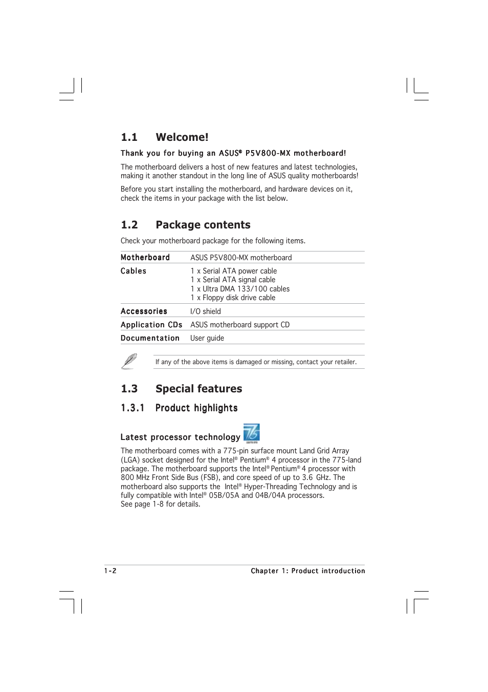 1 welcome, 2 package contents, 3 special features | Asus P5V800-MX User Manual | Page 14 / 90