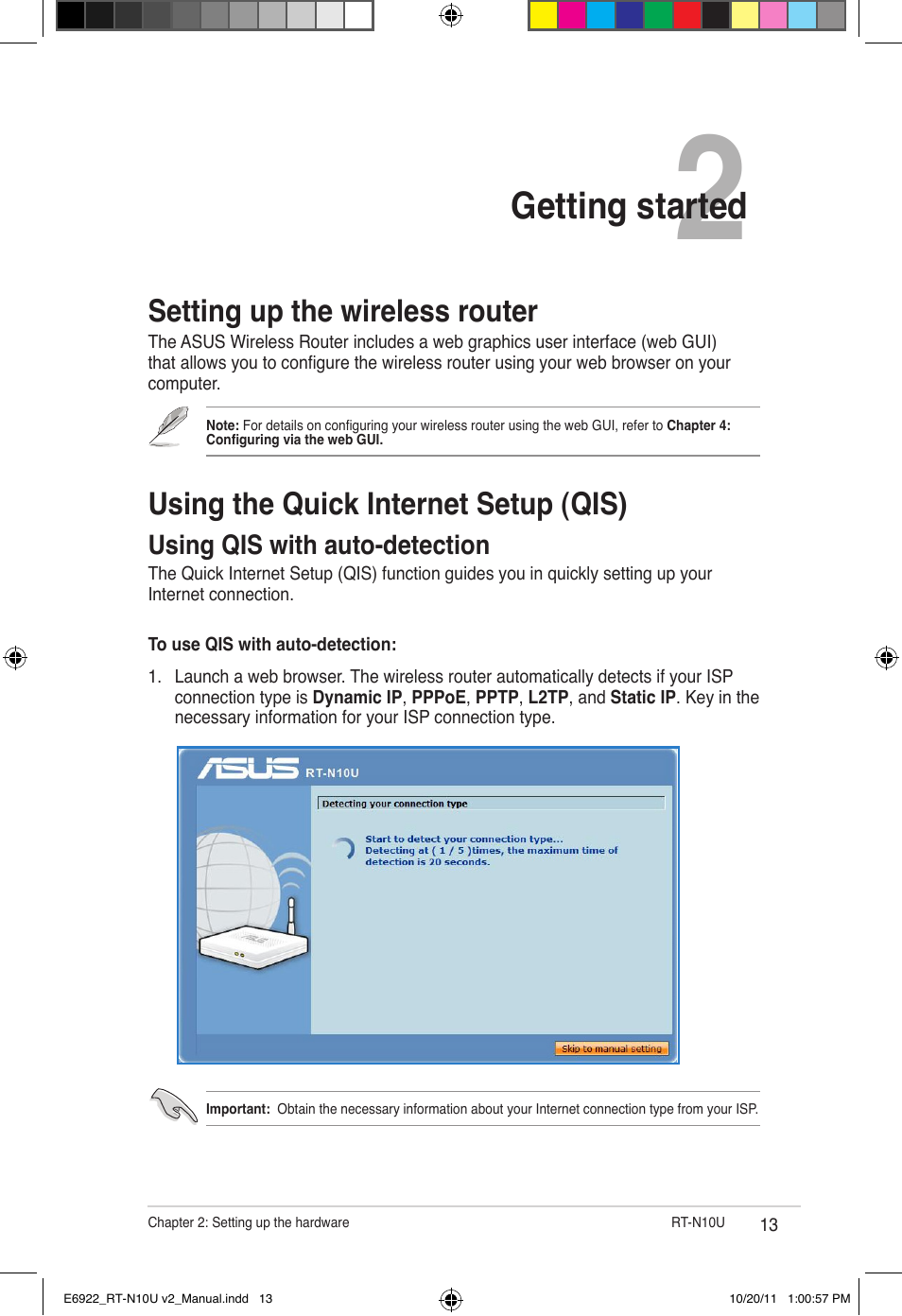 Chapter 2: getting started, Setting up the wireless router, Using the quick internet setup (qis) | Using qis with auto-detection, Getting started | Asus RT-N10U (VER.B1) User Manual | Page 13 / 60