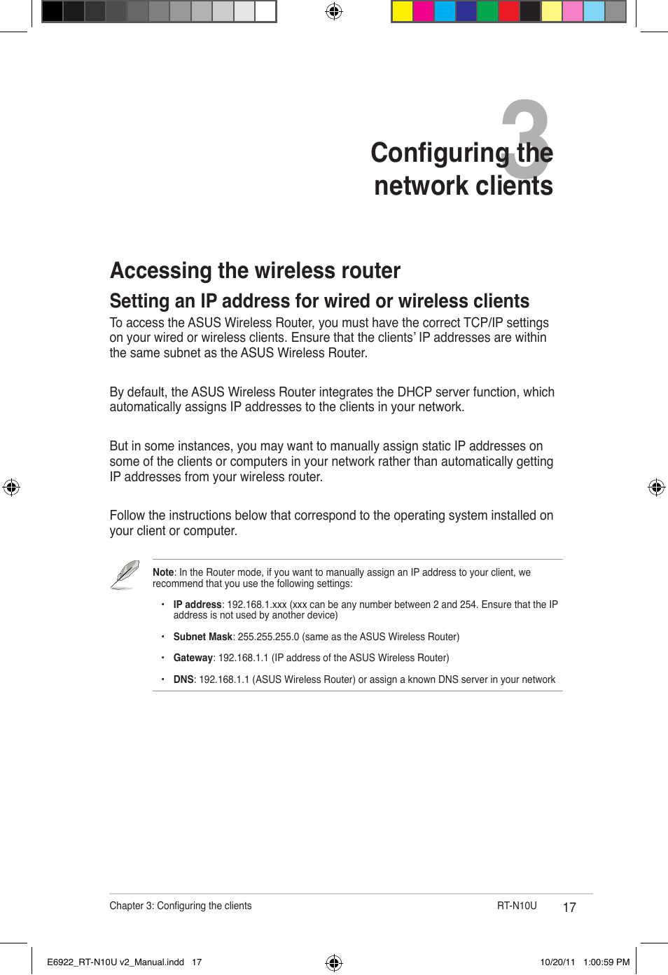 Chapter 3: configuring the network clients, Accessing the wireless router, Configuring the network clients | Asus RT-N10U (VER.B1) User Manual | Page 17 / 60