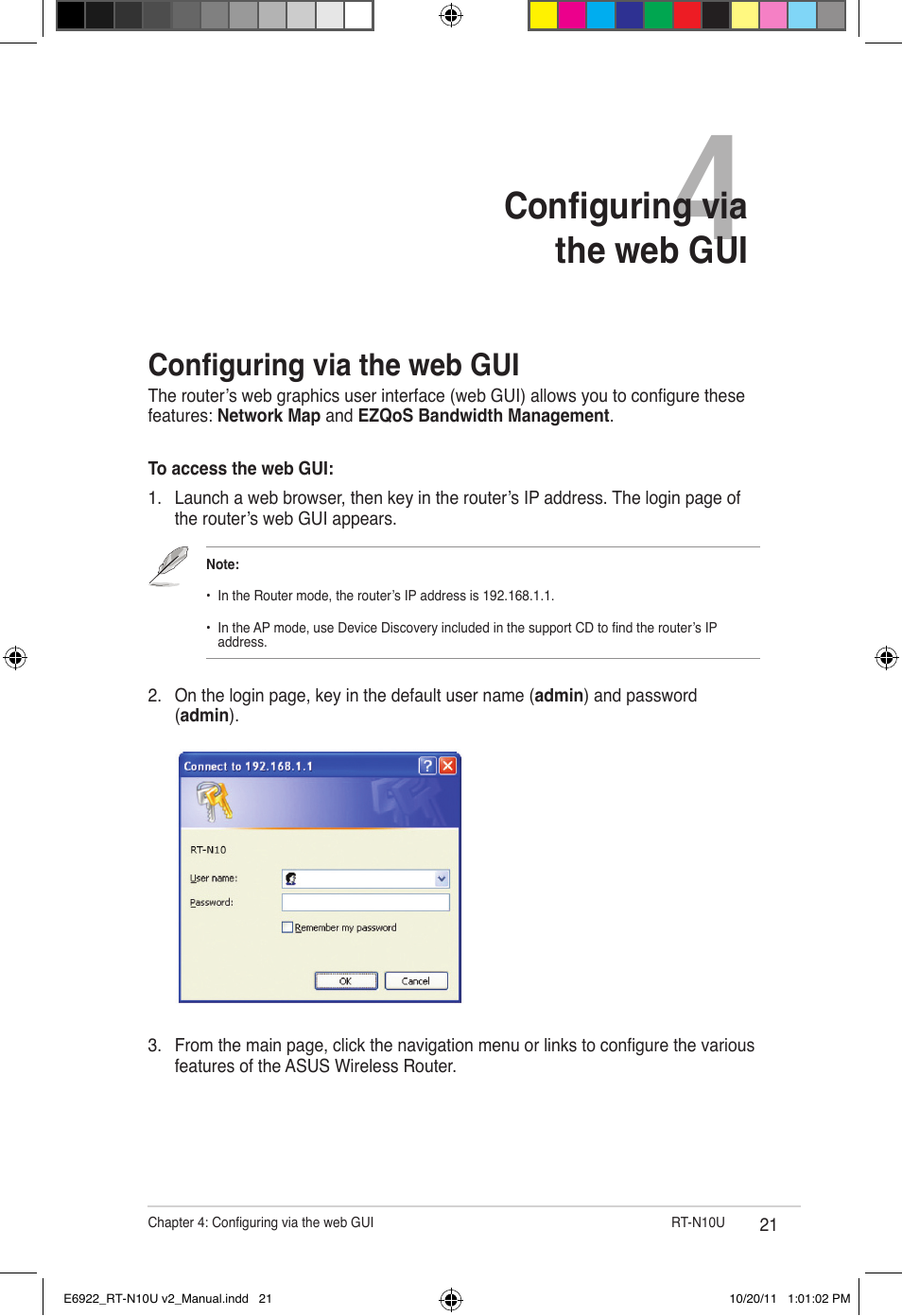 Chapter 4: configuring via the web gui, Configuring via the web gui | Asus RT-N10U (VER.B1) User Manual | Page 21 / 60