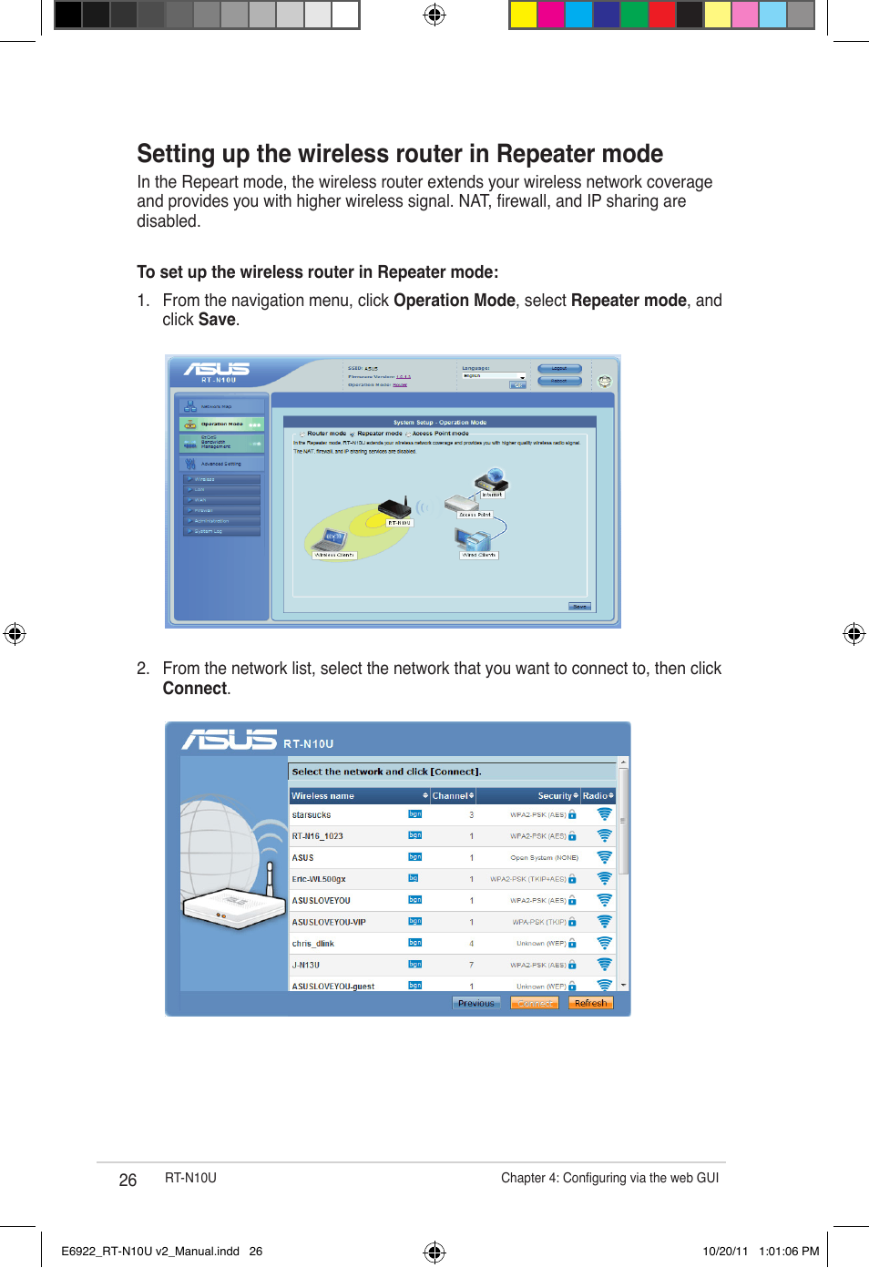 Setting up the wireless router in repeater mode | Asus RT-N10U (VER.B1) User Manual | Page 26 / 60