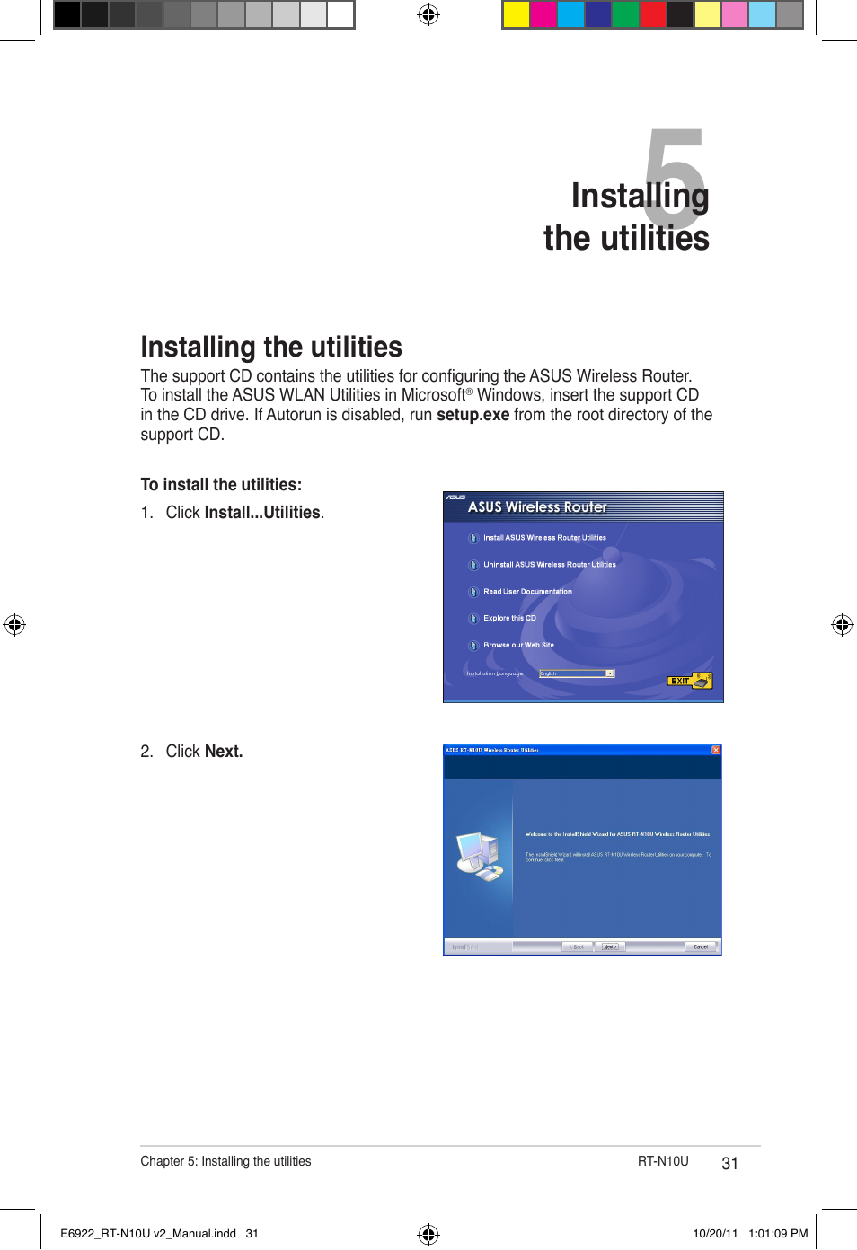 Chapter 5: installing the utilities, Installing the utilities, Installing the utilitie | Asus RT-N10U (VER.B1) User Manual | Page 31 / 60