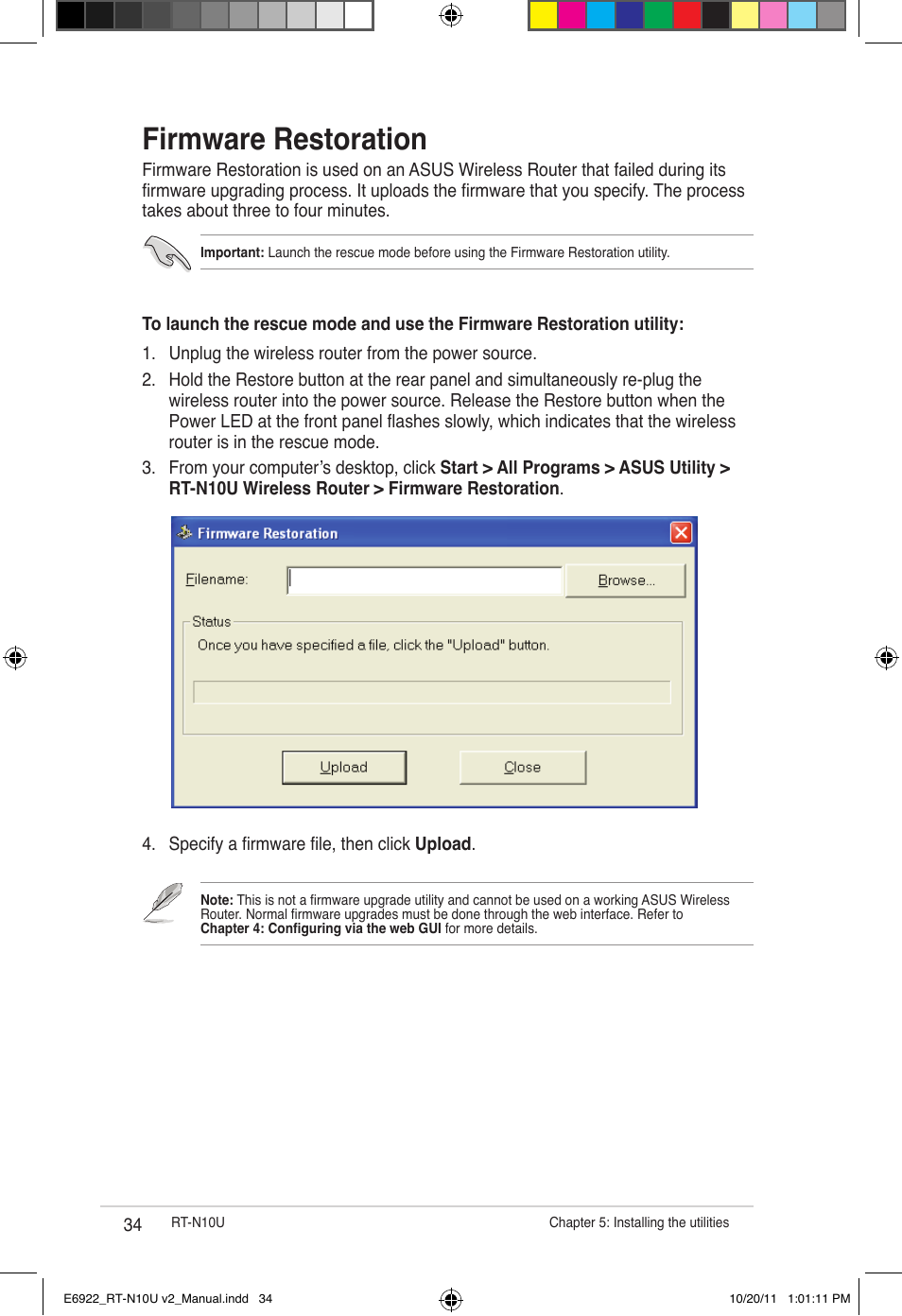 Firmware restoration | Asus RT-N10U (VER.B1) User Manual | Page 34 / 60