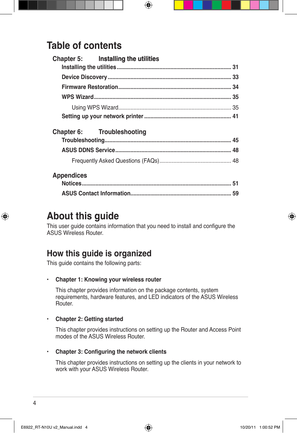 About this guide, Table of contents about this guide, How this guide is organized | Asus RT-N10U (VER.B1) User Manual | Page 4 / 60