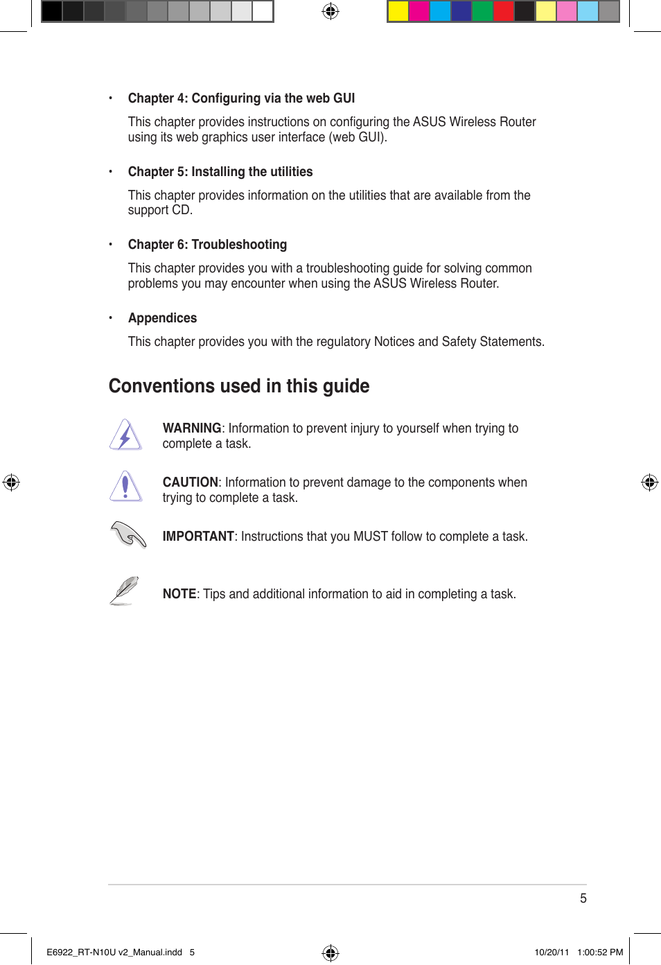 Conventions used in this guide | Asus RT-N10U (VER.B1) User Manual | Page 5 / 60