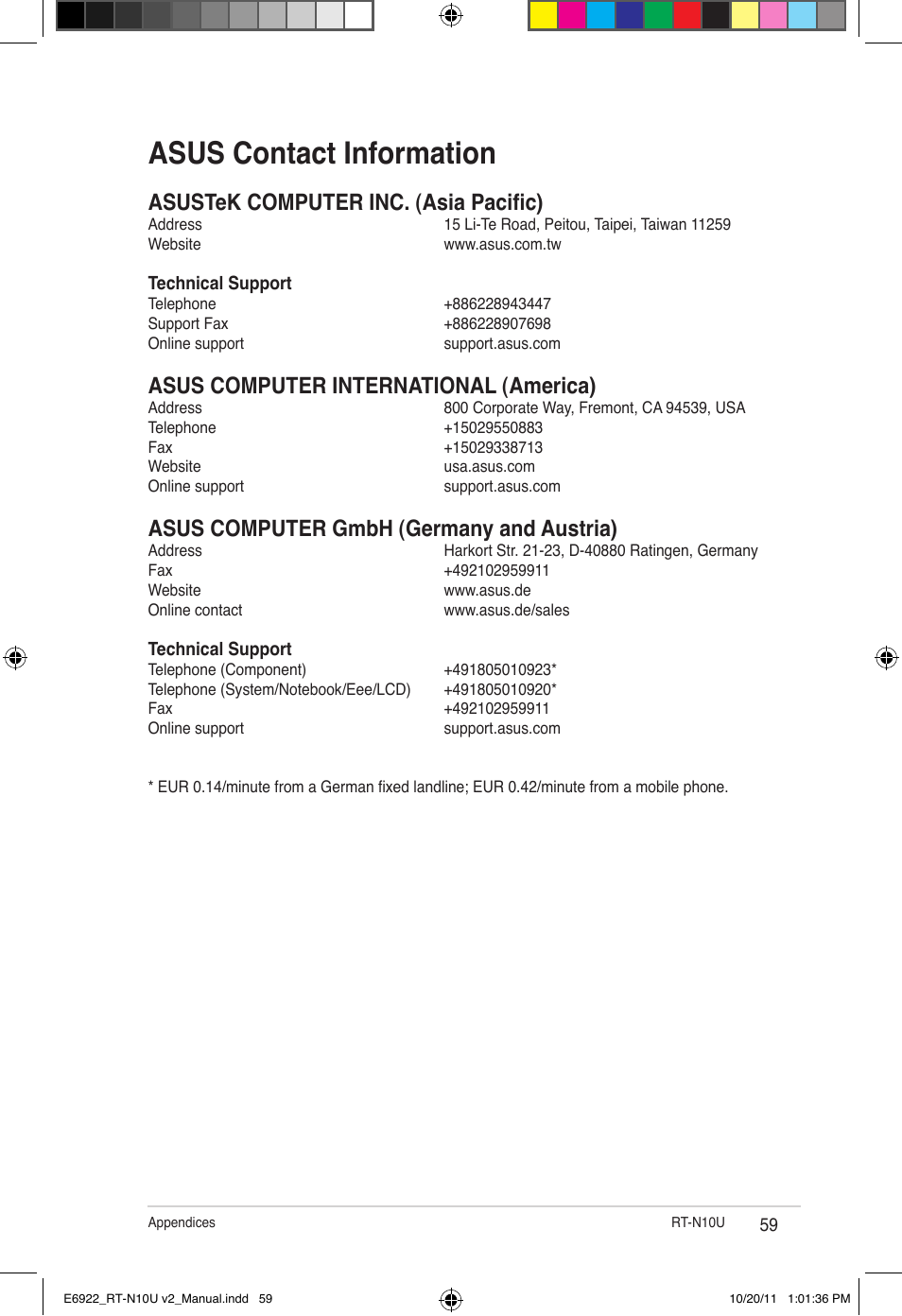 Asus contact information, Asustek computer inc. (asia pacific), Asus computer international (america) | Asus computer gmbh (germany and austria) | Asus RT-N10U (VER.B1) User Manual | Page 59 / 60