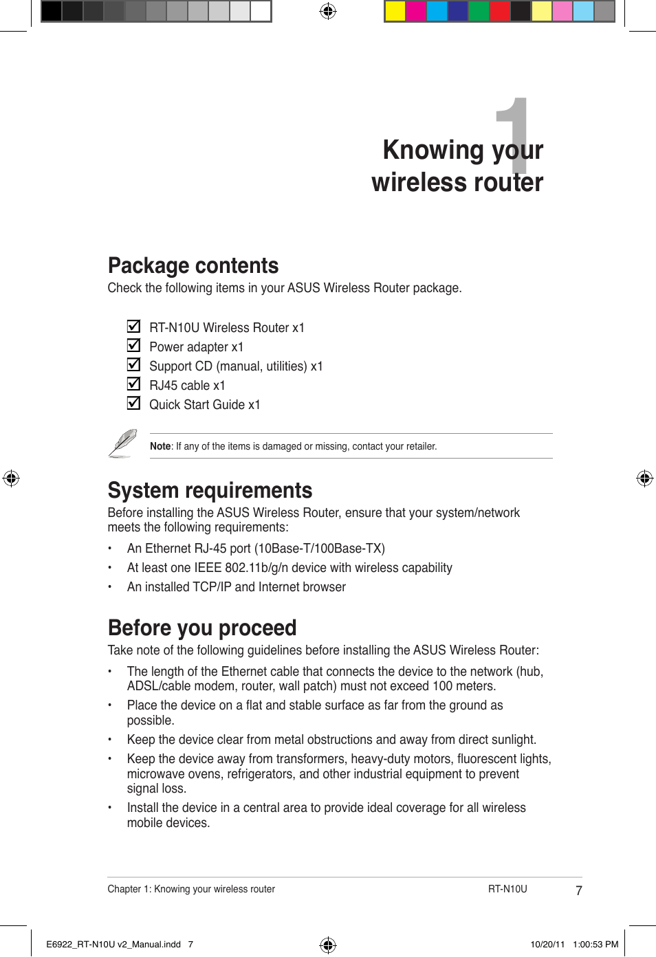Chapter 1: knowing your wireless router, Package contents, System requirements | Before you proceed, Knowing your wireless router | Asus RT-N10U (VER.B1) User Manual | Page 7 / 60