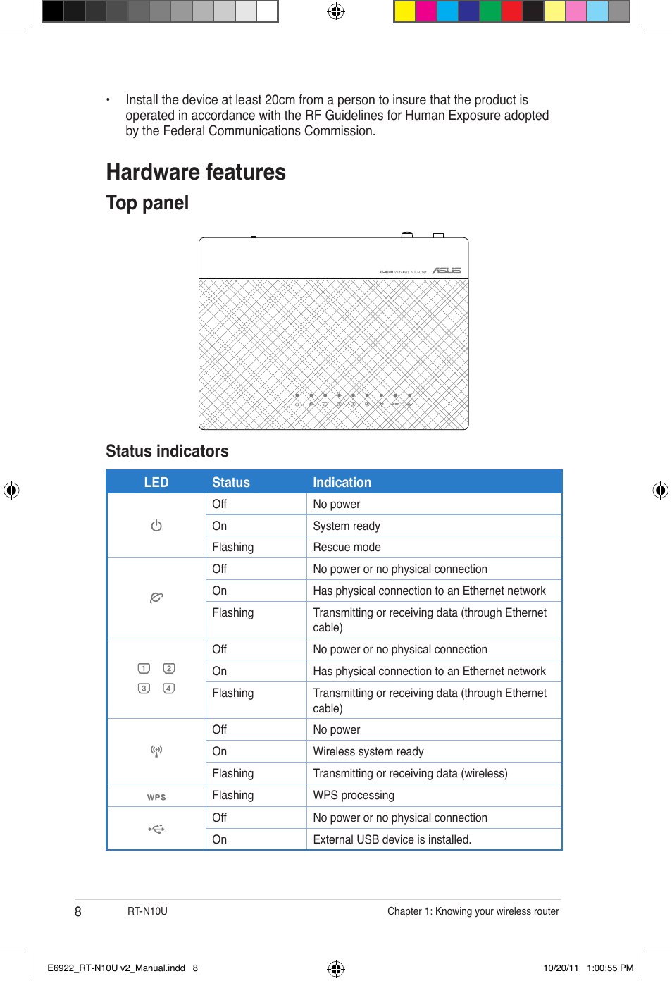 Hardware features, Front panel, Panel | Top panel, Status indicators | Asus RT-N10U (VER.B1) User Manual | Page 8 / 60