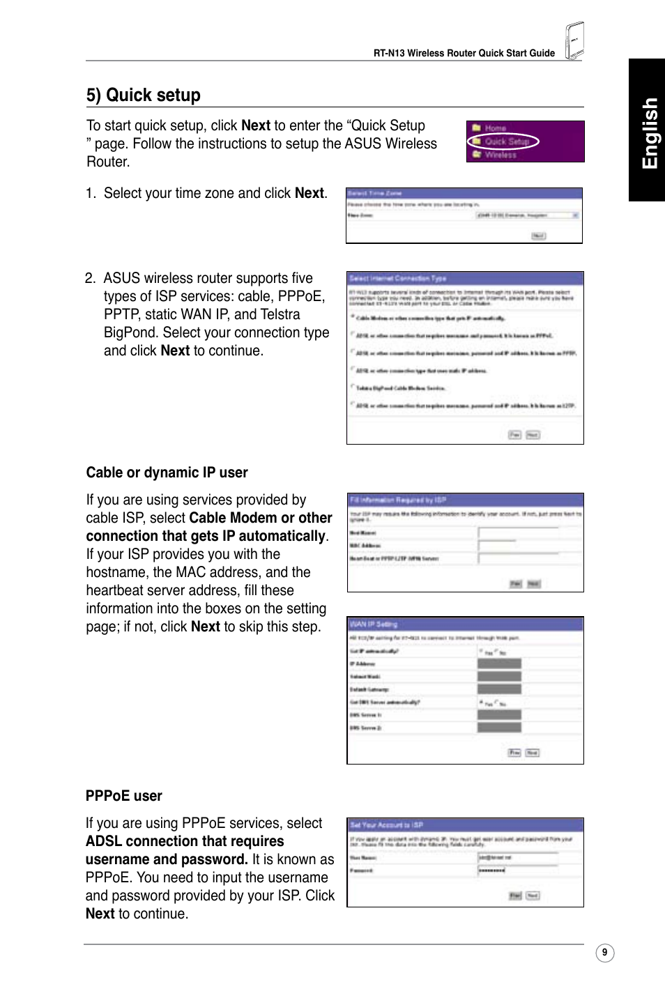 English, 5) quick setup | Asus RT-N13 User Manual | Page 10 / 379