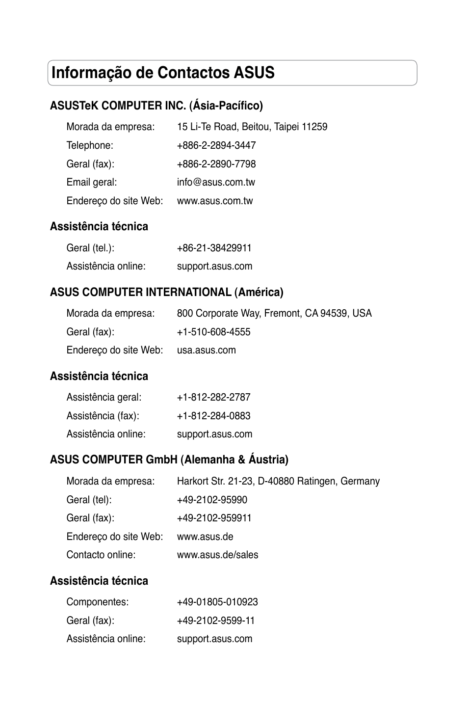Informação de contactos asus, Português | Asus RT-N13 User Manual | Page 101 / 379