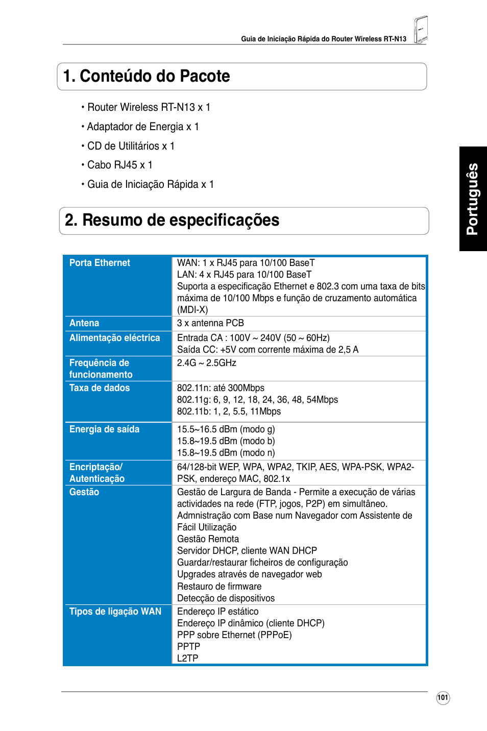 Conteúdo do pacote, Resumo de especificações, Português | Asus RT-N13 User Manual | Page 102 / 379