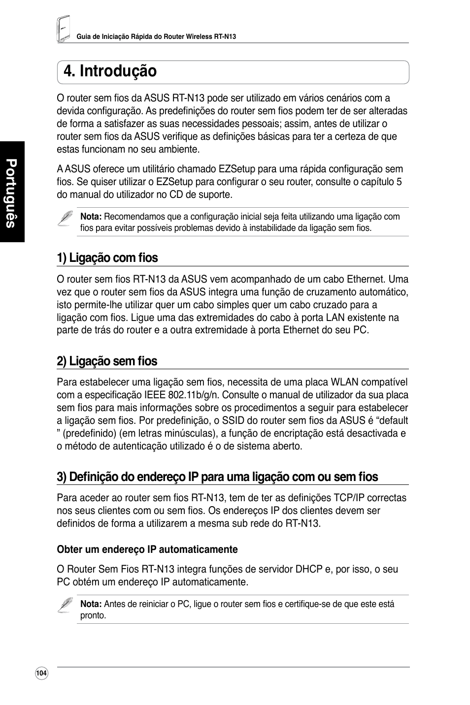 Introdução, Português, 1) ligação com fios | 2) ligação sem fios | Asus RT-N13 User Manual | Page 105 / 379