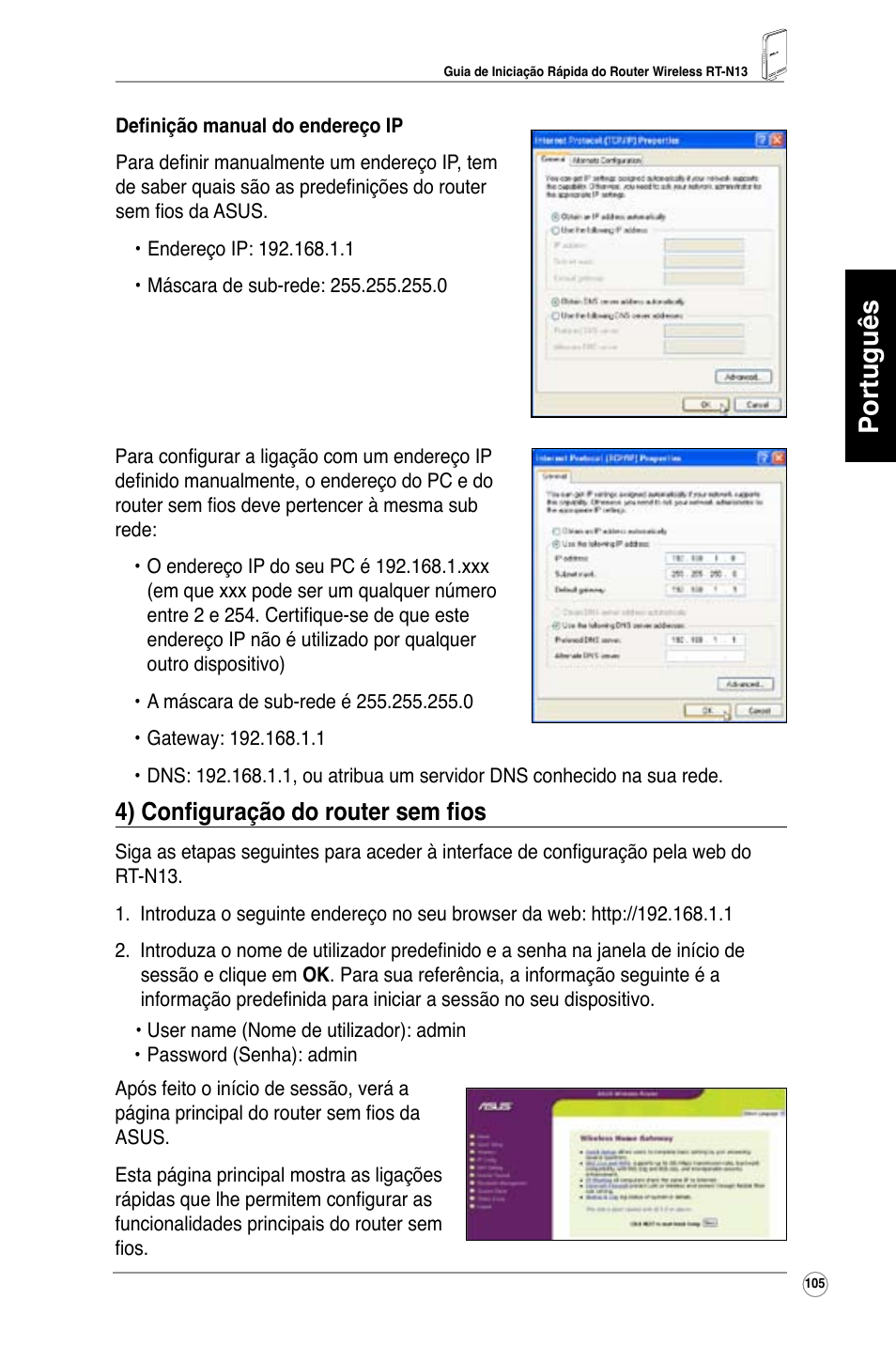 Português, 4) configuração do router sem fios | Asus RT-N13 User Manual | Page 106 / 379