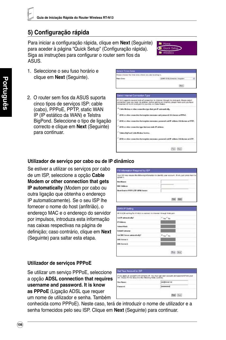 Português, 5) configuração rápida | Asus RT-N13 User Manual | Page 107 / 379